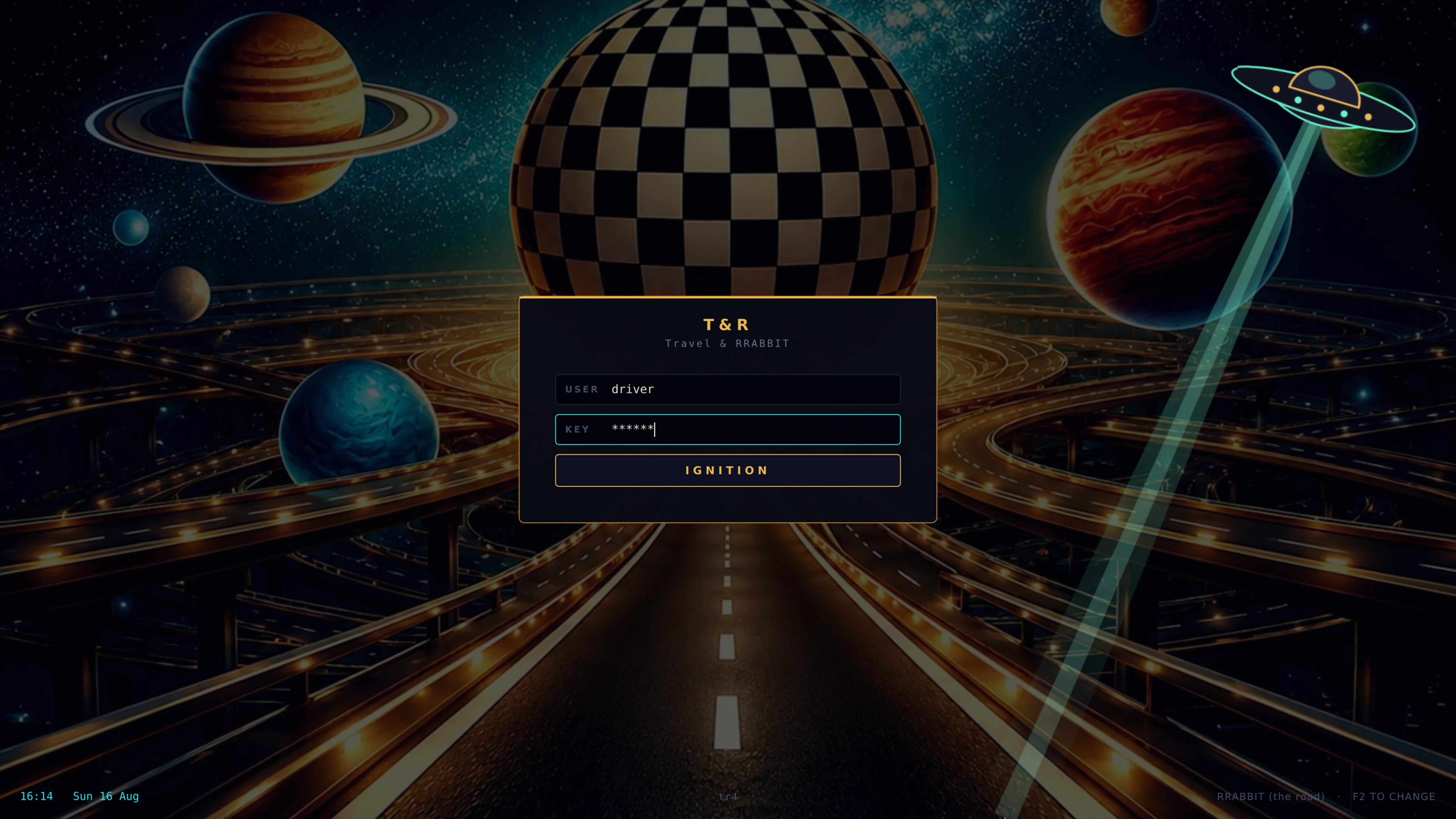 The Travel & RRABBIT login screen: a checkered planet over an interchange of glowing roads, with a small instrument panel reading T & R, Travel & RRABBIT, and fields for USER and KEY above an IGNITION button